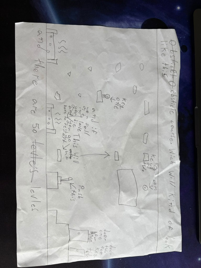 Ira's hand-drawn sketch of the obstacle course with lava, keys, coins, a lever and doors